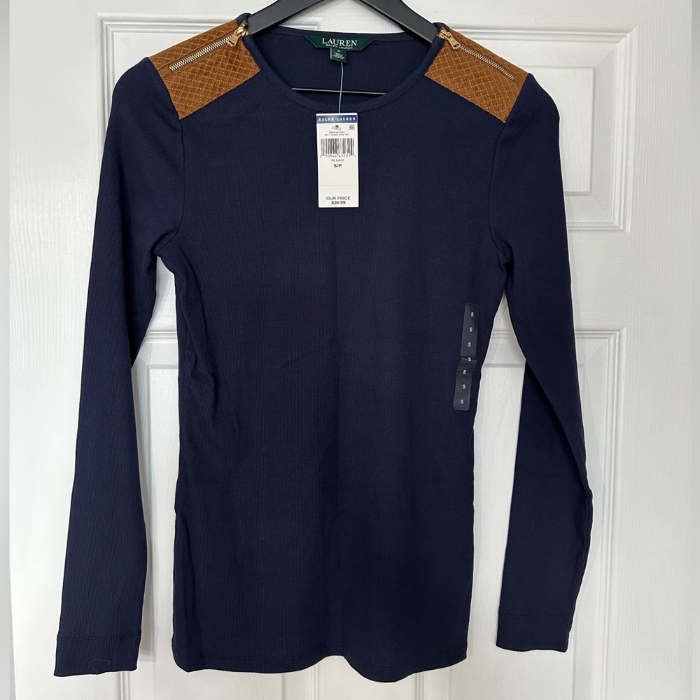 Lauren Ralph Lauren Green Label, Navy Long Sleeve-Rib Knit Top - Small